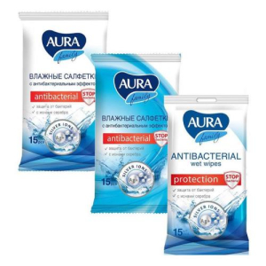 Аура фэмили салфетки влажные  №15 а/бактер.