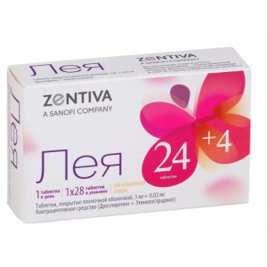 Лея таблетки покрытые пленочной оболочкой 3мг + 0.02мг №28 в наборе: таблетки 2-х видов - розовые (дроспиренон 3 мг + этинилэстрадиол 20 мкг)-24 шт., 