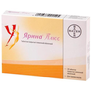 Ярина плюс таблетки покрытые пленочной оболочкой №28 в наборе: таблетки 2-х видов - оранжевые (дроспиренон 3 мг + этинилэстрадиол 30 мкг + кальция лев