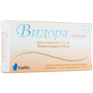 Видора микро таблетки покрытые пленочной оболочкой набор 3мг + 0,02мг №28 (24 + 4) /таблетки 2-х видов - розовые (дроспиренон 3 мг + этинилэстрадиол 2