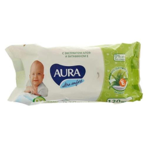 Аура ультра комфорт салфетки влажные для детей №120 алоэ + витам е