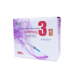 Сфм шприц одноразовый стерильный с иглой 3мл №100 3-х комп 23g 0,6х30мм