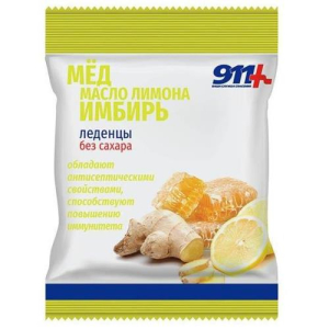 911 ваша служба спасения леденцы без сахара 50г мед/масло лимона/имбирь с вит.С бад