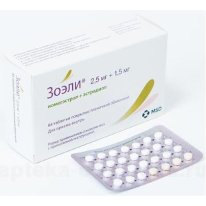 Зоэли таблетки покрытые пленочной оболочкой 2.5мг + 1.5мг №84 в наборе: таблетки 2-х видов - белые (номегэстрол 2.5 мг + эстрадиол 1.5 мг)-24 шт., жел