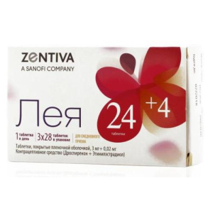 Лея таблетки покрытые пленочной оболочкой 3мг + 0.02мг №84 в наборе: таблетки 2-х видов - розовые (дроспиренон 3 мг + этинилэстрадиол 20 мкг)-24 шт., 