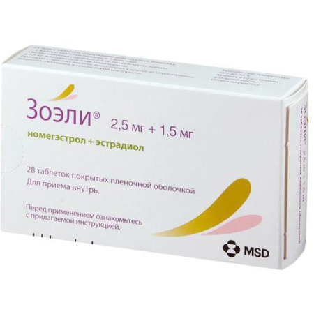 Зоэли таблетки покрытые пленочной оболочкой 2.5мг + 1.5мг №28 в наборе: таблетки 2-х видов - белые (номегэстрол 2.5 мг + эстрадиол 1.5 мг)-24 шт., жел